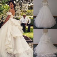 Wholesale Arabic actual image Wedding Dresses Detachable Off Shoulder Sleeves and Removable Ruffled Train Puffy Tulle Real Bridal Gowns po53