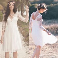 Wholesale 2016 Cheap White Chiffon Knee Length Short Beach Wedding Dresses Vintage V Neck Long Sleeves Casual Summer Bridal Gowns