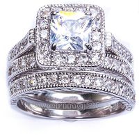 Wholesale Size5 Hot sale Retro Vintage Princess Cut Jewelry KT white gold filled GF whitr topaz Women Wedding Bridal Ring set