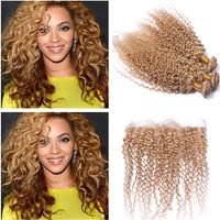 Wholesale Indian Honey Blonde Ombre Human Hair Weaves with Ear to Ear Frontal Kinky Curly Strawberry Blonde Bundles with x4 Full Lace Frontal