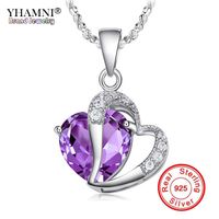 Wholesale YHAMNI Fashion Fine Jewelry Real Silver Romantic Heart Purple Crystal Pendant Necklace For Women Pure Silver Jewelry Necklace BKN013