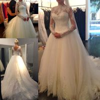 Wholesale High Neck Ball Gown Tulle Long Sleeves Illusion Sweetheart Neckline Lace Wedding Dresses Chapel Bride Gowns