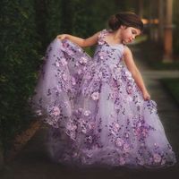 Wholesale Lavender Lace Little Girls Pageant Dresses D Appliques Toddler Ball Gown Flower Girl Dress Floor Length Tulle First Communion Gowns