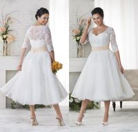 Wholesale 2022 Hot Tea Length Short Wedding Bridal Dresses With Half Sleeve V neck Covered Bottons Applique Wedding Bridal Gown Dress Sexy Design