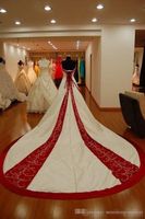 Wholesale 2019 Vintage White And Red Satin A Line Wedding Dresses Strapless Chapel Train Lace Up Plus Size Church Bridal Party owns Vestidos De Novia