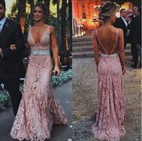 Wholesale 2019 Hot Summer Beach Vintage Pink Lace Long Bridesmaid Dresses With Beaded Sash Deep V neck Backless Cheap Maid of Honor Dress