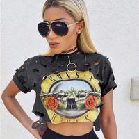 Wholesale Sexy Hole Women T Shirt GUNS N ROSES Print Casual Crop Top T Shirt Fashion Cropped Tops Personality Hollow Out Short Sleeve Tee Shirt Femme