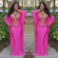 Wholesale 2019 Hot Pink Moroccan Turkish Dresses with Long Sleeves Deep V Neck Evening Gowns Gold Beads Arabic Dubai Prom Party Clothing Women