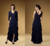 Wholesale 2016 Custom Made Dresses for Mother Groom Sexy Beaded Deep V Neck Navy Blue A Line Tiered High Low Chiffon Mother Bride Dress