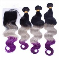 Wholesale 9A Virgin Peruvian B Grey Purple Three Tone Colored Hair Weaves With Closure Body Wave Wavy Ombre Hair Bundles With x4 Lace Closure