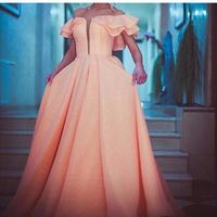 Wholesale 2016 Hot Sale Elegant Coral Pink Prom Dresses Off the Shoulder Floor Length Ruffles Dubai Muslim Style Prom Dresses
