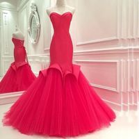 Wholesale Stunning Fuchsia Mermaid Prom Dresses Strapless Sweetheart Sleeveless Corset Evening Party Gowns Floor Length Tulle Skirt Cheap