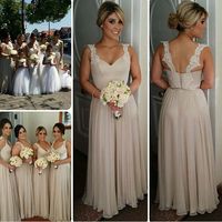 Wholesale 2019 Cheap Champagne Long Bridesmaid Dresses With Straps Sweetheart Lace Chiffon Floor Length Backless Bridesmaid Dresses