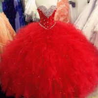 Wholesale Quinceanera Dresses Princess Ball Gown Red Purple Sweet Dresses Beaded Sequins Lace Up Gowns Ruffles Plus Size Vestidos De