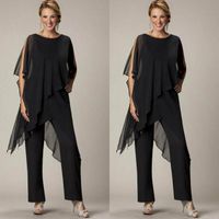 Wholesale 2019 Newest Mother of the Bride Pant Sutis Black Chiffon Bateau Neck Asymmetrical Wrap Style Modest Mother s Suit for Weddings Custom Made