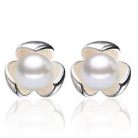 Wholesale 925 silver items clover white pearl stud earrings wedding jewelry vintage charms new arrival