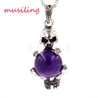Wholesale Skull Pendants Jewelry Silver Plated Natural Gem Stone Crystal Amethyst Opal etc Stone Charms European Fashion Cool Men Jewelry Gifts