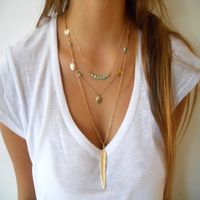 Wholesale Boho Long Tassels Bead Necklace Multi Layer Feather Pendant Chains Necklaces For Women