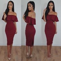 Wholesale 2019 Burgundy Sexy Mermaid Prom Dresses Off Shoulder Tea Length Bodycon Cheap Dresses for Women Sexy Formal Evening Party Gowns