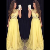 Wholesale 2017 Long Yellow Prom Dresses New Style Modest Formal Appliqued Lace Party Dresses O Neck Floor Length Chiffon Evening Gowns