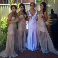 Wholesale Cheap nude Mermaid boho Bridesmaid Dress V Neck Pleats Side Slit Sexy Maid Of The Bride Evening Gowns Formal Occasion Wear Plus Size