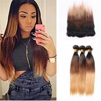 Wholesale Honey Blonde Ombre Lace Frontal With Bundles Three Tone B Silky Straight Indian Hair With Lace Frontal Closure