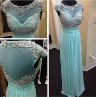 Wholesale 2016 Light Blue Beading Prom Dresses O Neck See Through Back Evening Dress Long Cap Sleeve Crystals Pageant Gown Luxury