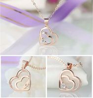 Wholesale Woman necklace vogue crystal jewelry double heart shap diamond pendant necklaces golden rose plated necklace charms