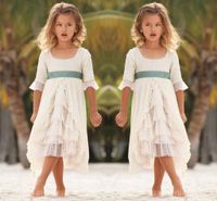 Wholesale 2016 Square Neckline Flower Girl Dresses For Beach Wedding Half Long Sleeves Chiffon Tiered Girls Pageant Gowns Kids Formal Wear Party Dress