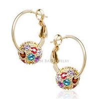 Wholesale Fashionable Golden Tone Hook Button Colorful Crystals Ball Charm Dropping Hoop Earrings For Women Ears Accessories
