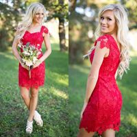 Wholesale Gorgeous Western Country Red Lace Short Bridesmaids Dresses Capped Sleeves Sheath Above Knee Length Maid Of Honor Wedding Party Dresses