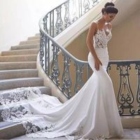 Wholesale Spaghetti Strap Mermaid Wedding Dresses Illusion Backless Chapel Train Sexy Bridal Gowns Sweetheart Trumpet Lace Edge Wedding Gowns