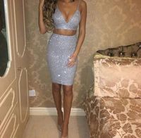 Wholesale Bling Silver Sequin Party Dresses Spaghetti Two Piece Prom Dresses Short Formal Evening Gown Keen Length V Neck Cheap Party Prom