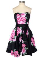 Wholesale Sexy Strapless A line Women Homecoming Dresses Black Floral Printed Short Satin Backless Bridesmaid Gowns With Ribbon Sash Prom Dresses