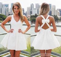 Wholesale White Short Cocktail Dresses V Neck Sleeveless Party Dress Sexy Criss Cross Bow Backless Homecoming Prom Gowns