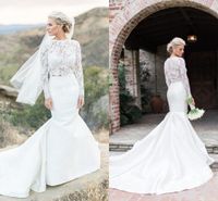 Wholesale 2 Pieces Mermaid Wedding Dresses Long Sleeve See Through Lace Top Satin Skirt Bridal Gowns Sweep Train Custom Size