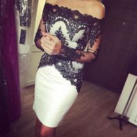 Wholesale Sexy White and Black Cocktail Dresses Sheath Off the Shoulder Long Sleeves Satin Party Gowns Cheap Short Graduation Gowns Lace Applique