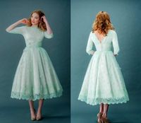 Wholesale 2019 New Mint Green Lace wedding Dresses Long Sleeves Bateau Tea Length Cheap Modest Country Maid of Honor Party Gowns Plus Size bridal gown