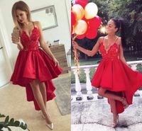 Wholesale High Low Red Satin Homecoming Dresses V Neck Spaghetti Straps Lace Ruched Hi lo Prom Dresses Short Mini Party Dresses