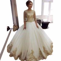 Wholesale A Line Wedding Dresses with Golden Applique Half Sleeve Crew Neck Floor Length Bridal Gowns