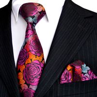 Wholesale E12 Men s Tie Sets Rose Multicolor Fuchsia Red Yellow Blue Floral Neckties Pocket Square Silk New