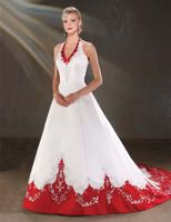 Wholesale Vintage Design White and Red Wedding Dresses Halter Neck Beaded Embriodery A Line Satin Bridal Gowns Custom Made