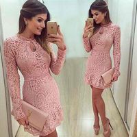 Wholesale 2016 New Arrival Keyhole Neck Cocktail Dresses Mini Short Pink Lace Beaded Long Sleeves Party Prom Gowns