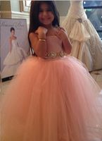 Wholesale Spaghetti Straps Flower Girls Dresses Cheap Coral Tulle Fluffy Crystals Belt Embellishment Lovely Communion Dress Long Girls Pageant Gowns