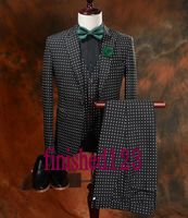 Wholesale 2017 Hot Sell Black Polka Dot Groom Tuxedos Man Blazer Prom Dinner Business Suits Jacket Pants Bow Tie K32