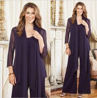 Wholesale 2021 Elegant Purple Plus Size Mother Of The Bride Pants Suits With Jacket Womens Chiffon Long Sleeve Mother Formal Dress For Wedding