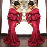 Wholesale Plus Size South African Prom Dresses Dark Red Sequined Long Sleeves Evening Gowns Sheer Neck Peplum Mermaid Women Party Vestidos
