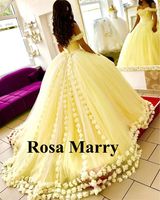 Wholesale 2019 Yellow Ball Gown Quinceanera Dresses D Hand Made Flowers Off Shoulder Sweet Plus Size Princess Tulle Cheap Masquerade Prom Gowns