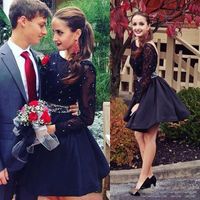 Wholesale Black Open Back Short Party Dresses Lace Long Sleeve Pearls Beaded Homecoming Dresses Knee Length Formal Party Cocktail Gowns