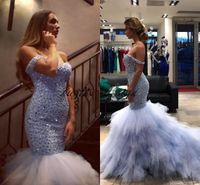 Wholesale Luxury Sparkly Crystal Mermaid Evening Pageant MISS USA Dresses Lavender Ruffles Train Off Shoulder Fishtail Saudi Arabic Prom Gown